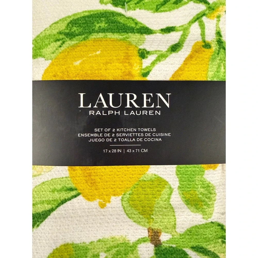 Lauren Ralph Lauren Lemon Kitchen Towels Set of 2 Yellow Green Cotton 17x28 NEW